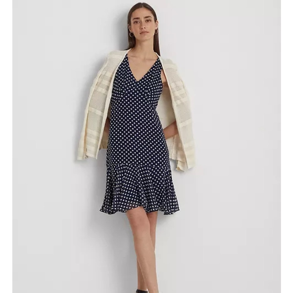 Ralph Lauren BlackLabel Navy White Polka Dot Chiffon Ruffle Hem Sleeveless Dress